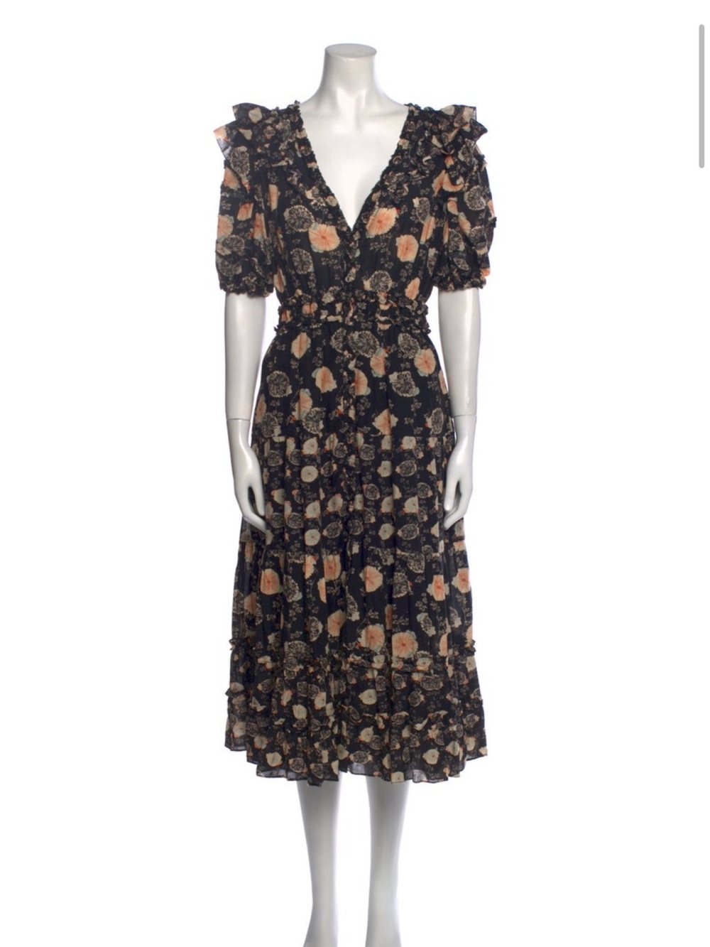 Ulla Johnson Floral Ruffle Midi Dress in Black and Peach